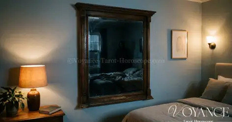 Chambre sombre et apaisée la nuit, miroir couvert d'un voile
