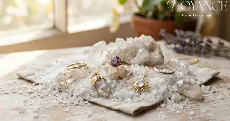 Bagues et pendentifs posés sur du gros sel et des quartz dans la lumière