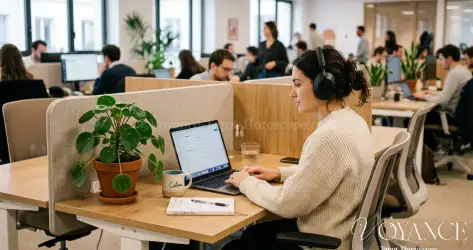 Bureau personnel apaisé dans un open-space, plante et casque audio