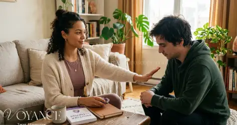 Personne sereine posant une limite douce, ambiance apaisée
