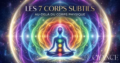 Les 7 corps subtils : au-delà du corps physique - Silhouette entourée de couches de lumière colorées concentriques